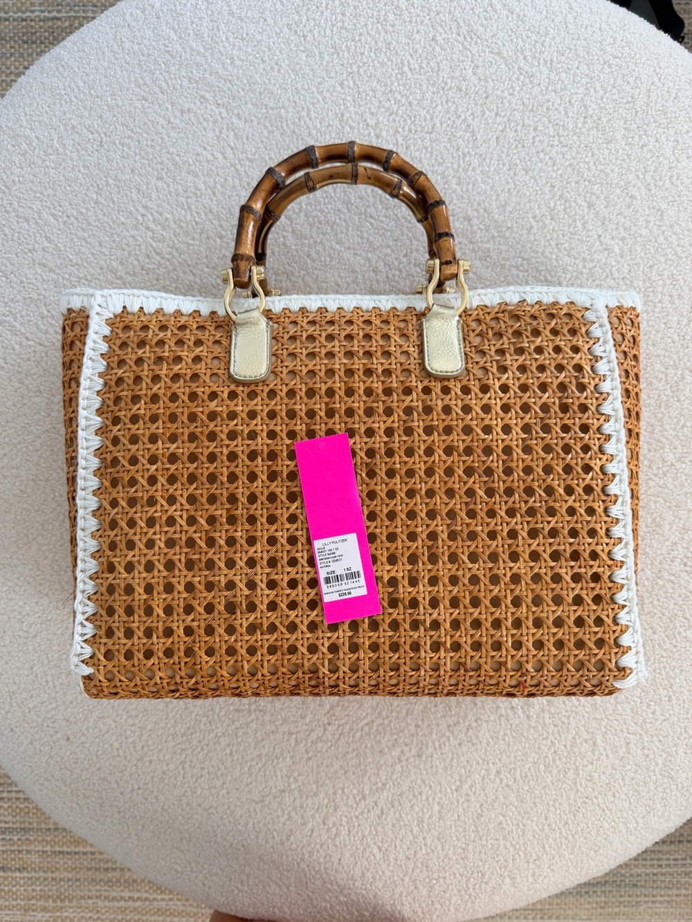 Lilly Pulitzer Graydon Cane Tan Woven Tote with White Trim & Bamboo Handles - Picture 2 of 4